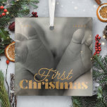 Adorno De Cristal Primera Navidad Elegante Personalizado moderno fot<br><div class="desc">El diseño está compuesto por una tipografía moderna de moda con fuentes sans serif y serif. Añadir una foto personalizado del bebé y del año.</div>
