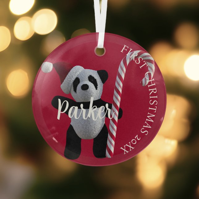 Adorno De Cristal Primera Navidad Panda Bear Candy Cane Red (First Christmas panda ornament just for you)