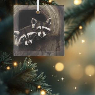 Adorno De Cristal Raccoons Brown Cute Tree