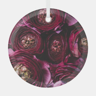 Adorno De Cristal Ranunculus morado oscuro, floreciente acercamiento