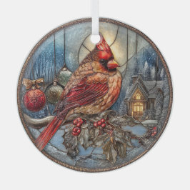 Adorno De Cristal Red Cardinal Winter Scene with Holly 