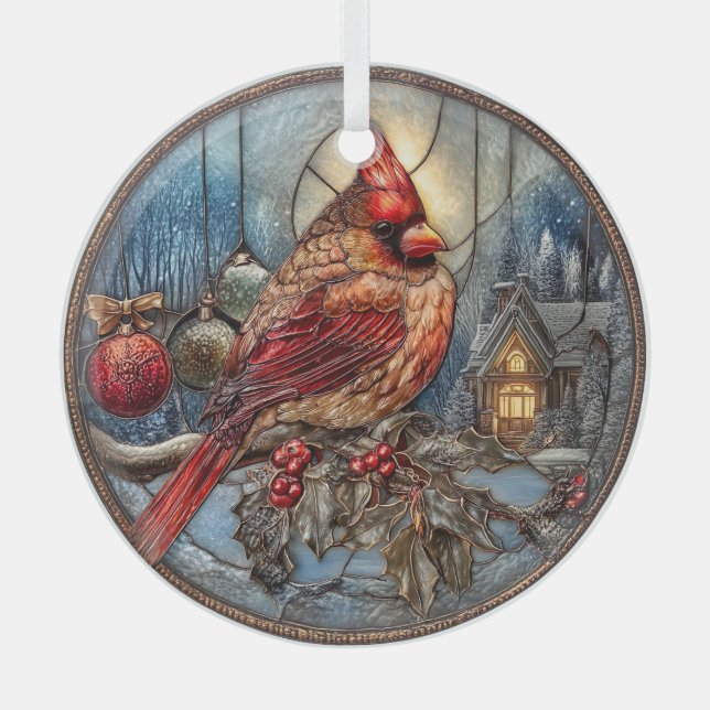 Adorno De Cristal Red Cardinal Winter Scene with Holly  (Anverso)