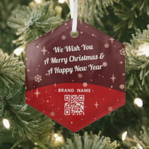 Adorno De Cristal Red Merry Christmas Business Name QR código simple