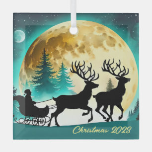 Adorno De Cristal Renos y luna llena de Sleigh