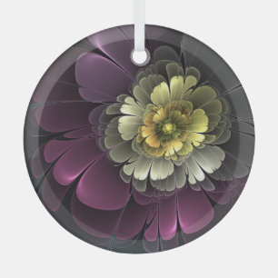 Adorno De Cristal Resumen Purpur Khaki Gray Fractal Flower Circle