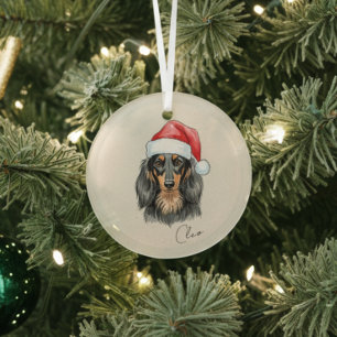 Adorno De Cristal Retrato de perro salchicha y nombre Navidad