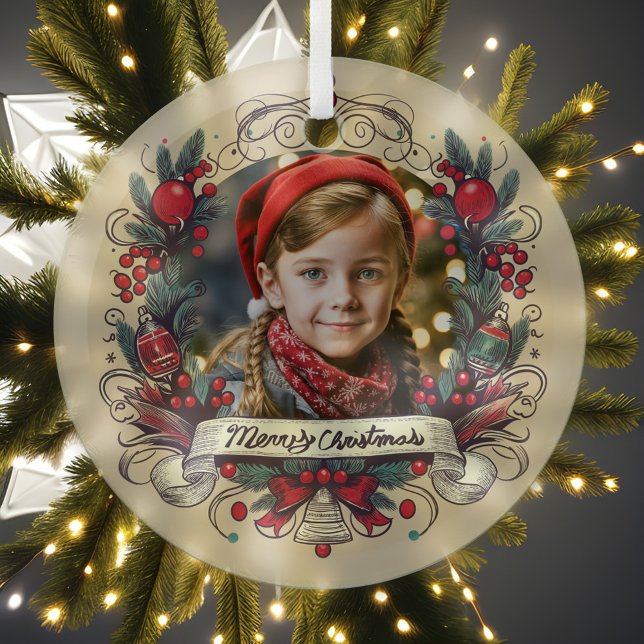 Adorno De Cristal Retrato fotográfico navideño Festividad de la coro (Glass photo Christmas ornament with your holiday portrait beautifully framed by a vibrant wreath.)