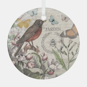 Adorno De Cristal Robin Elegant Bird Butterfly Arte Francés