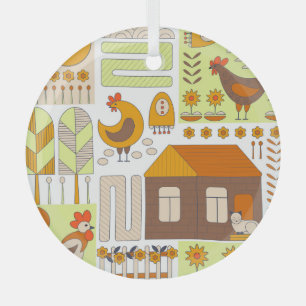 Adorno De Cristal Rooster, gallinas, dibujo floral geométrico.