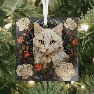 Adorno De Cristal Rosa de Gato Blanco Mosaico Vidriera