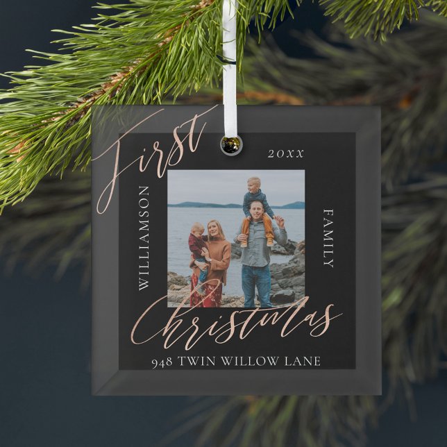 Adorno De Cristal Rosa Navidades de caligrafía de oro nueva foto en  (Rose Gold Calligraph Christmas New Home Photo Glass Ornament)