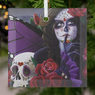 Adorno De Cristal Rosas Rojas Purpura Calavera Hada Día de Muertos