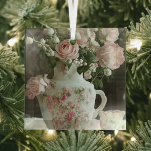 Adorno De Cristal Rosas rosadas bonitas en tetera de porcelana antig