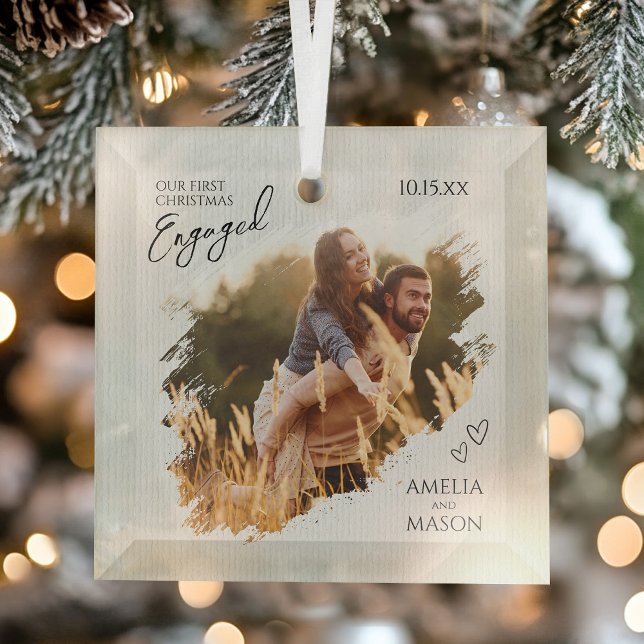 Adorno De Cristal Rustic Our First Christmas Engaged Photo Christmas (Rustic Our First Christmas Engaged Photo Christmas Glass Ornament)