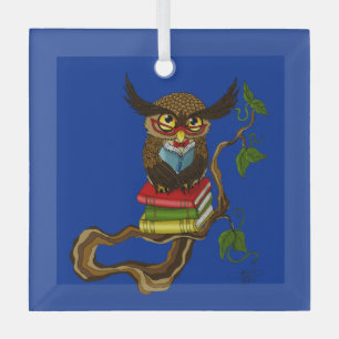 Adorno De Cristal Sabio Azul Lindo Marrón Leyendo Búho Libros