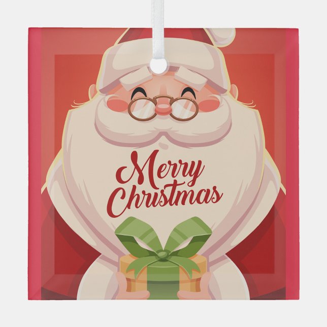 Adorno De Cristal Santa Claus (Illustration of Santa Claus holding a gift with a green bow, set against a red background. )