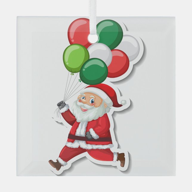 Adorno De Cristal Santa Claus (Illustration of a cartoon Santa Claus running with a bunch of balloons.)