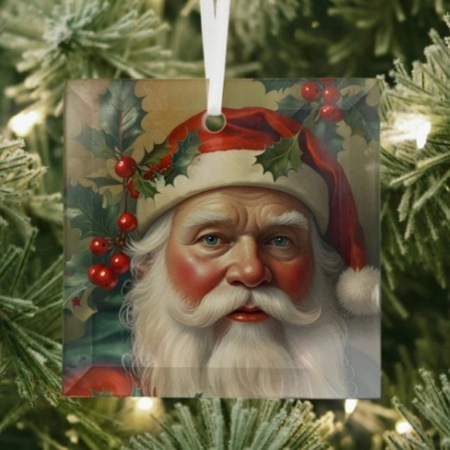 Adorno De Cristal Santa con muérdago (Glass Square Ornament frosted back one-sided printable size: 3”.)