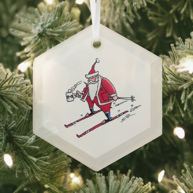 Adorno De Cristal Santa Skiing hexagon glass ornament (in situ)