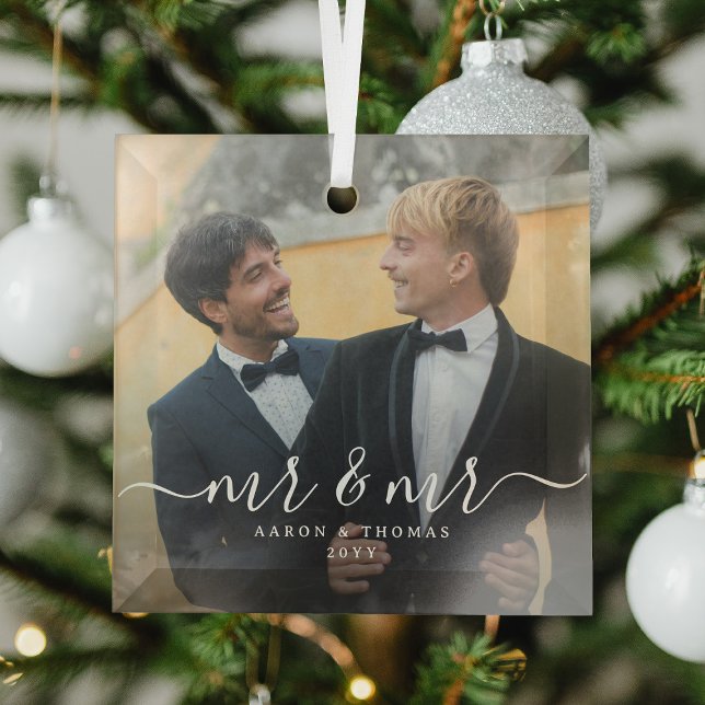Adorno De Cristal Script Mr & Mr Newlyweds Photo Christmas (Subido por el creador)