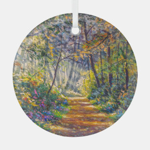 Adorno De Cristal Sendero del impresionismo: Sunny Forest Watercolor