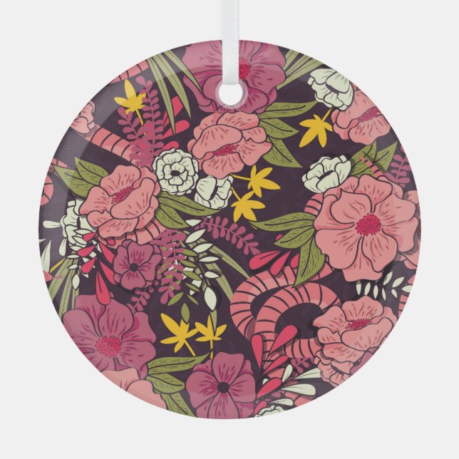 Adorno De Cristal Serpientes de jungla, flores tropicales, patrón vi (Anverso)