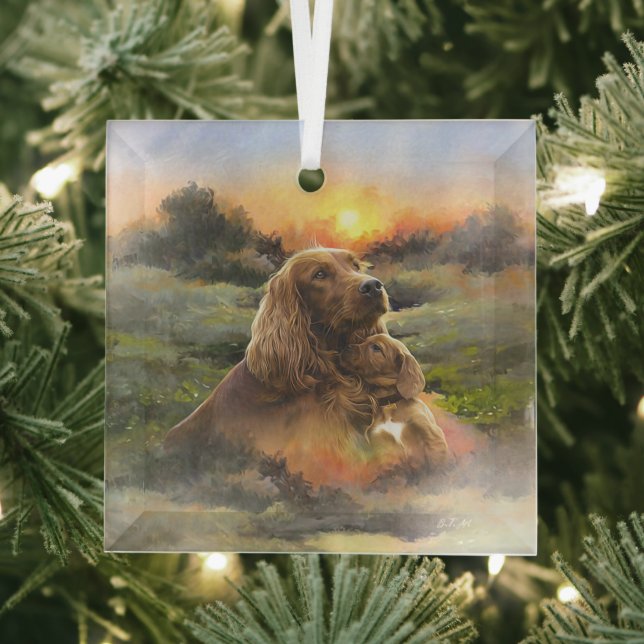 Adorno De Cristal Setter irlandés con cachorro (in situ)