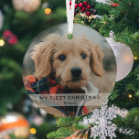Adorno De Cristal Simple cachorro 'Mi primera Navidad' Foto Keepsake<br><div class="desc">Crea un primer adorno de navidad de los mascotas con este sencillo y moderno patrón. El diseño incluye una foto de tu cachorro o gatito,  un cartel en blanco con el texto 'MI PRIMERA NAVIDAD' y el nombre del mascota.</div>