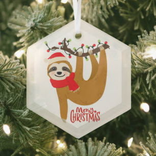 Adorno De Cristal Sloth Merry Christmas Cute Festividad Animal