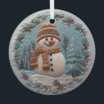 Adorno De Cristal Snowman<br><div class="desc">El efecto bordado hace de este muñeco de nieve un adorno impresionante para tu árbol de Navidad o para un regalo de Navidades. ¡Añade un nombre en la parte delantera que quieres personalizar!</div>