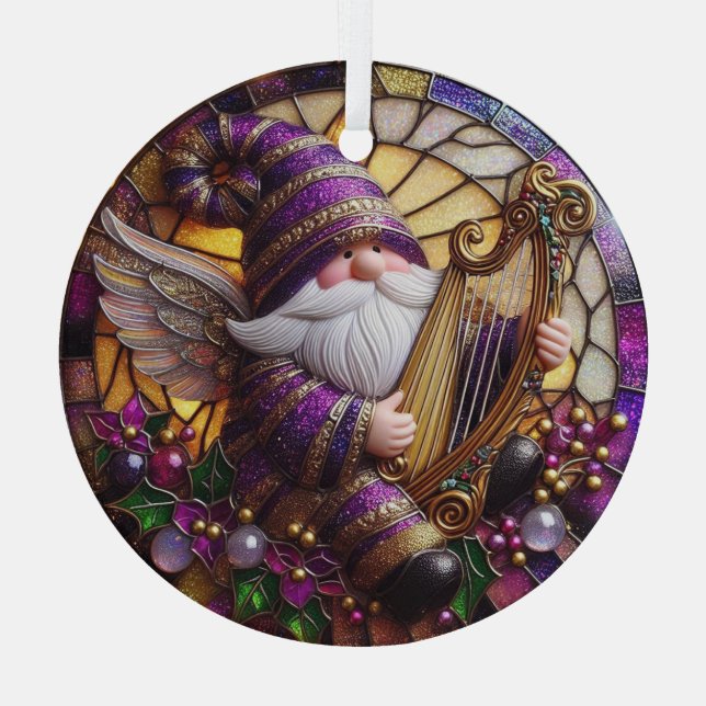 Adorno De Cristal Stain Glass Angel Gnome Jugando Harp (Reverso )
