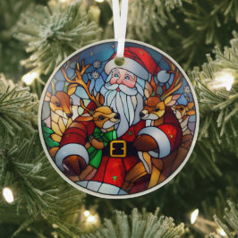 Adorno De Cristal Stain Glass Santa Claus and Reindeer