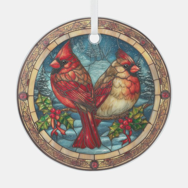 Adorno De Cristal Stained Glass Cardinals on Holly Branch  (Anverso)