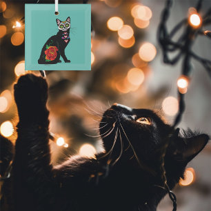 Adorno De Cristal Sugar Skull Black Cat