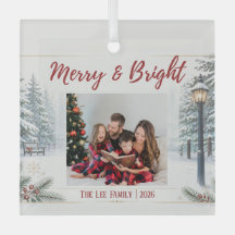 Tarjeta de Navidad de escena nevada con foto famil