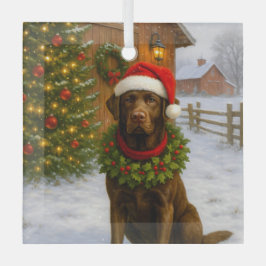 Adorno De Cristal Tarjeta de Navidad de Labrador de Chocolate