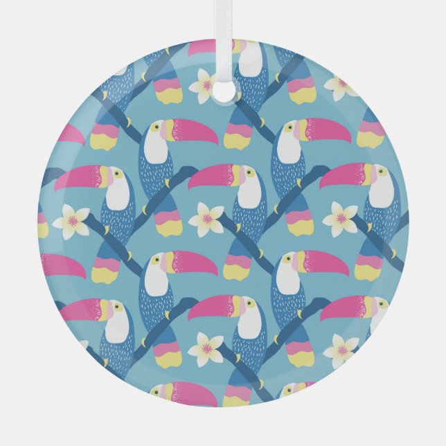 Adorno De Cristal Tocan tropical: vibrante patrón floral. (Anverso)