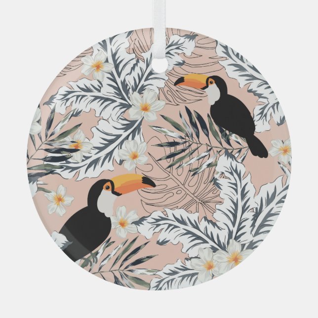 Adorno De Cristal Toucans, Palmas, Plumeria: Tropical Rosa. (Anverso)