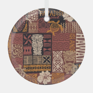 Adorno De Cristal Tribal hawaiana: Parchwork de tela vintage