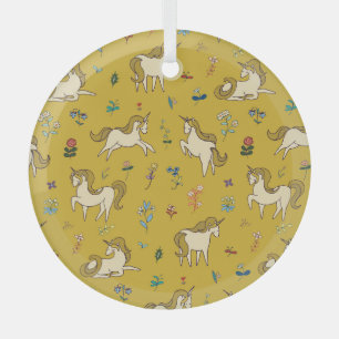 Adorno De Cristal Unicornio Forestal: Patrón Floral Vintage