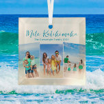 Adorno De Cristal Vacaciones en la playa de Mele Kalikimaka 3 Navida<br><div class="desc">personalizable de moda playa de la familia foto collage ornamento de Navidad con tu foto tropical favorita al sol. Añade 3 fotografías verticales de tu viaje favorito de tus vacaciones en la isla a la costa. Un hermoso regalo de adorno de vacaciones costeras con guion azul bonito encima de las...</div>