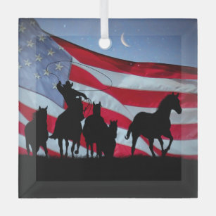 Adorno De Cristal Vaquero y caballos salvajes Bandera estadounidense