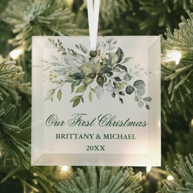 Adorno De Cristal Vegetación acuarela Nuestra Primera Navidad (in situ)