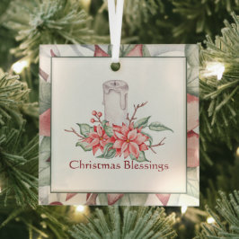 Adorno De Cristal Vela acuarela y poinsettia Navidad personalizada 