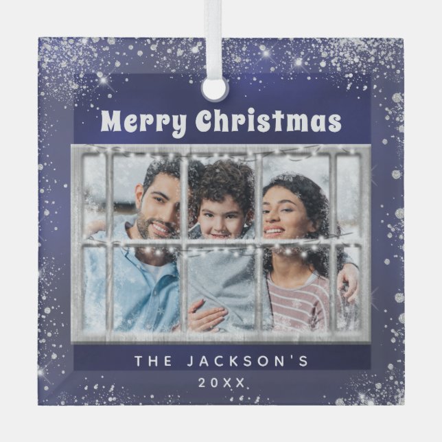 Adorno De Cristal Ventana de invierno de nieve azul (Anverso)