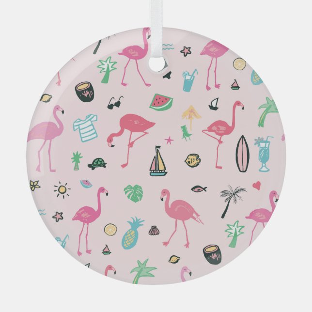 Adorno De Cristal Verano Flamingo: Vibrante patrón de aves (Anverso)