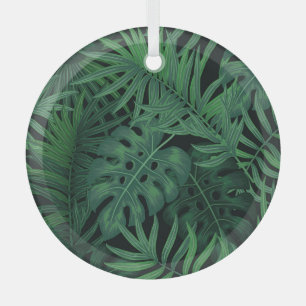 Adorno De Cristal Verde Noche tropical: Patrón vegetal exótico