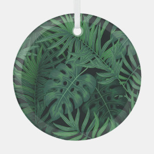 Adorno De Cristal Verde Noche tropical: Patrón vegetal exótico