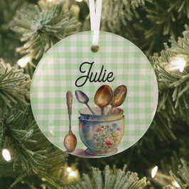 Adorno De Cristal "Verde y Blanco Cuadriculado - Cucharas en Taza
