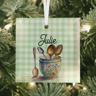 Adorno De Cristal "Verde y Blanco Cuadros - Cucharas en Taza
